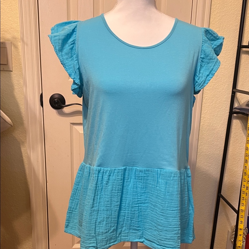 DG2 by Diane Gilman Aqua Ruffle Sleeve top with gauze like peplum